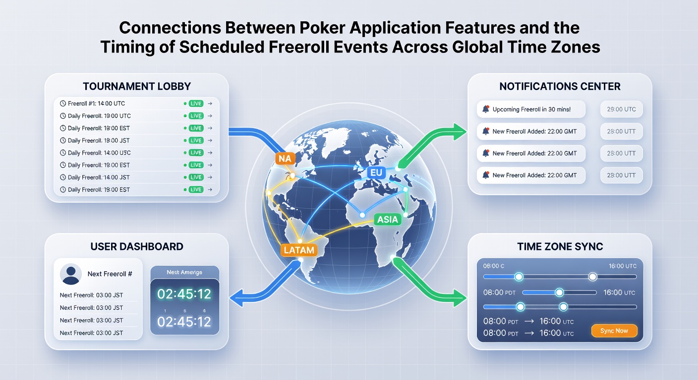 Global map overlay showing freeroll event timings synchronized with poker app user activity peaks across continents