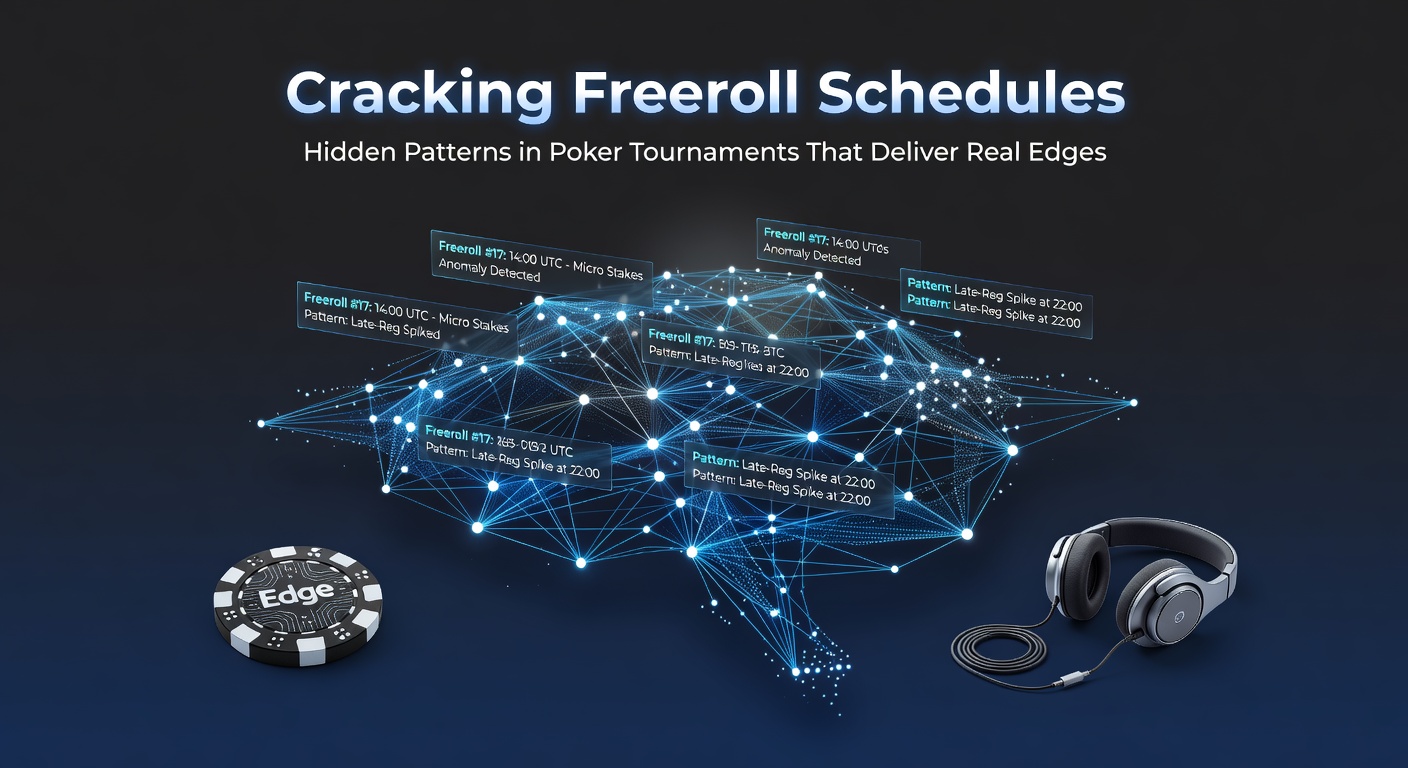 A colorful poker tournament lobby screen displaying multiple freeroll entries with start times and prize details clustered around peak hours