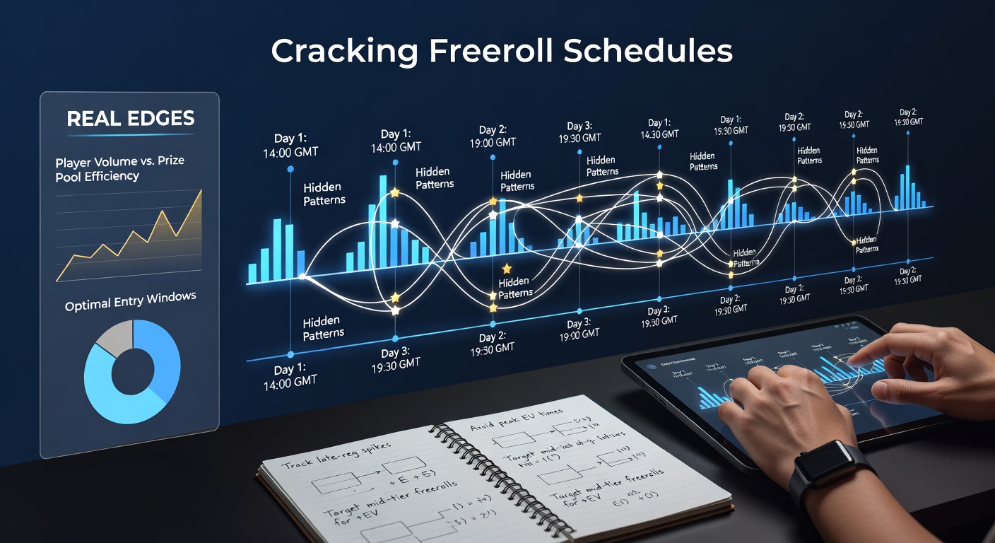 Graph charting freeroll frequencies by day of week, peaking midweek with annotations on field sizes and prize correlations