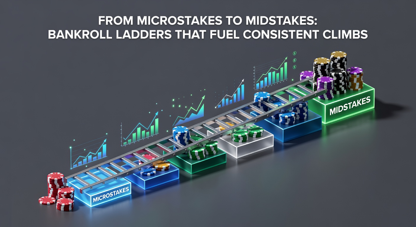 Poker player analyzing bankroll progression chart on a laptop screen, showing stakes from NL2 to NL100 with upward arrows indicating climbs