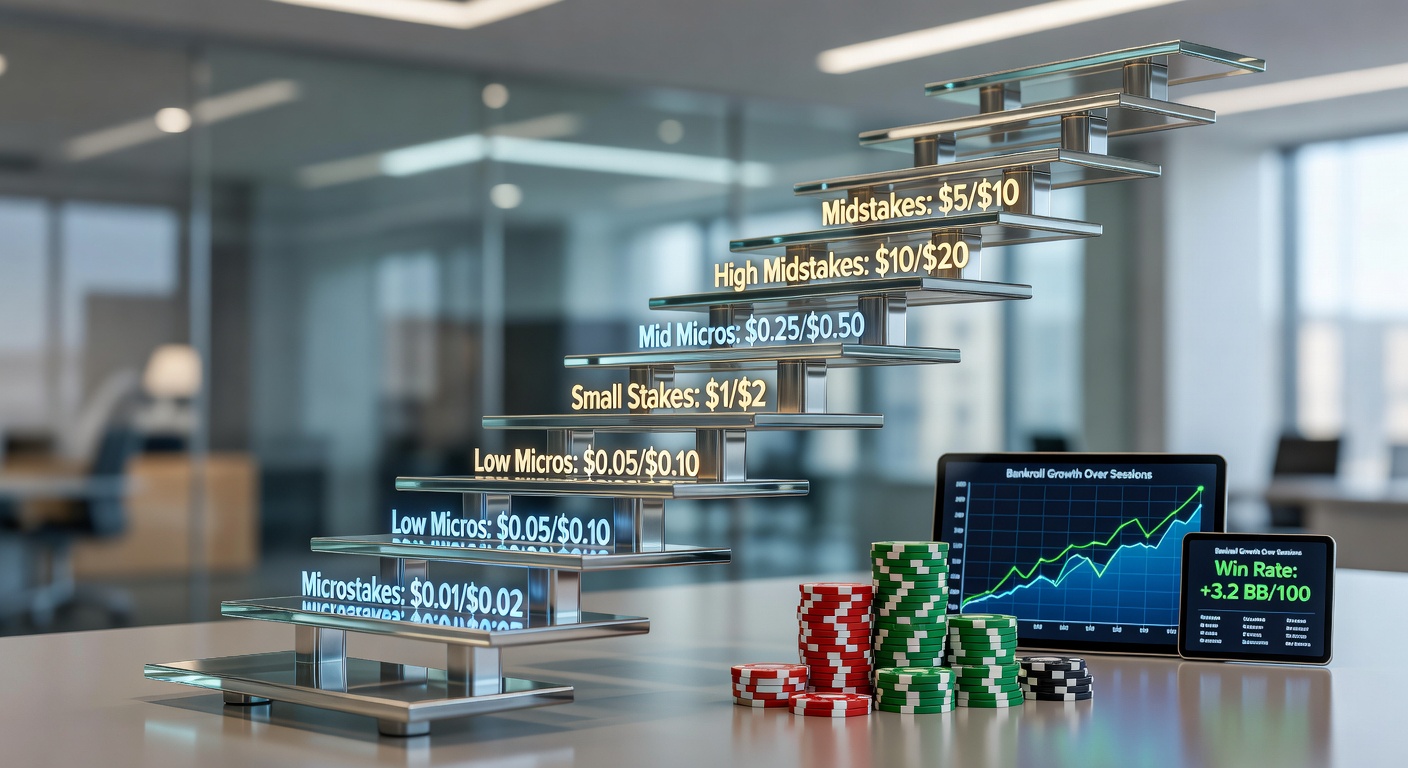 Graph illustrating a bankroll ladder progression from $50 at microstakes to $5,000 at midstakes, with milestones marked and variance waves smoothed over time