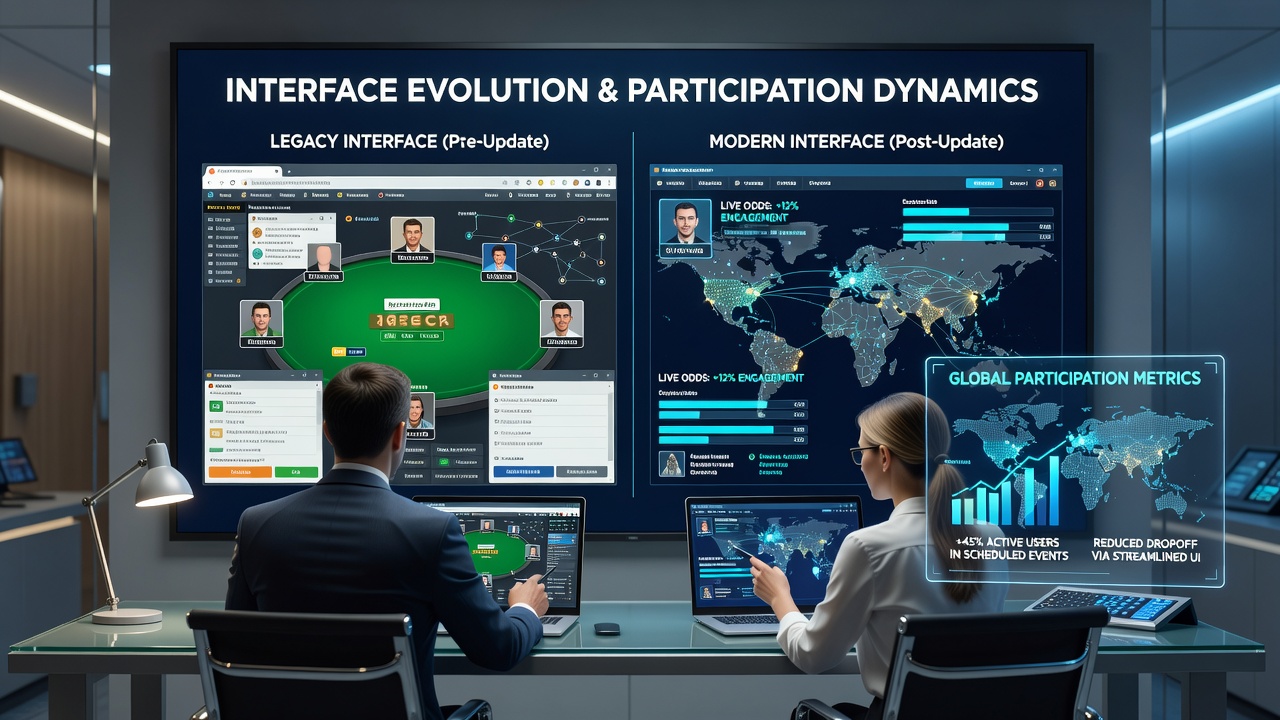 Poker application interface showing updated tournament lobby with real-time entry options and streamlined navigation