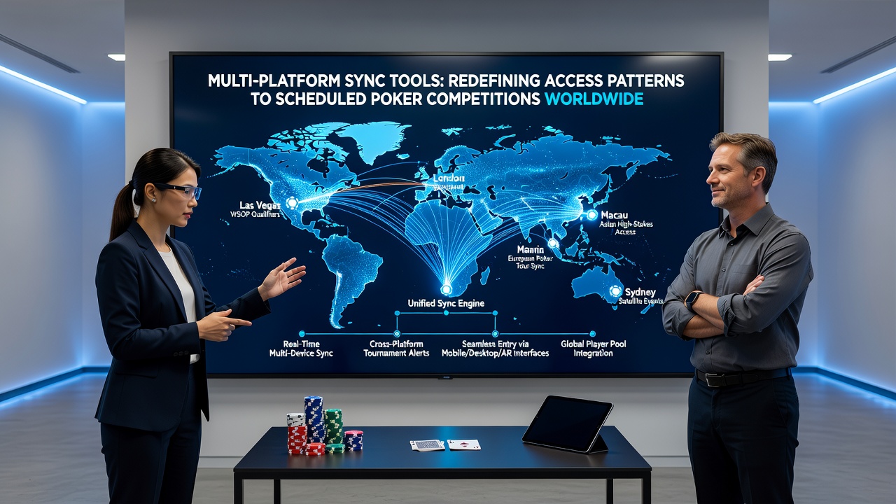 Global map overlay showing poker tournament entries synced across multiple devices and regions