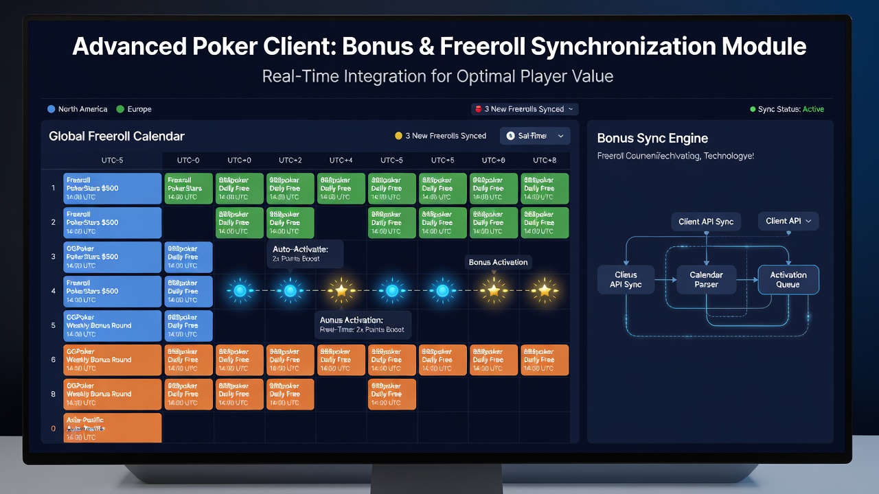 Mobile poker app showing aligned bonus activation and global freeroll schedule