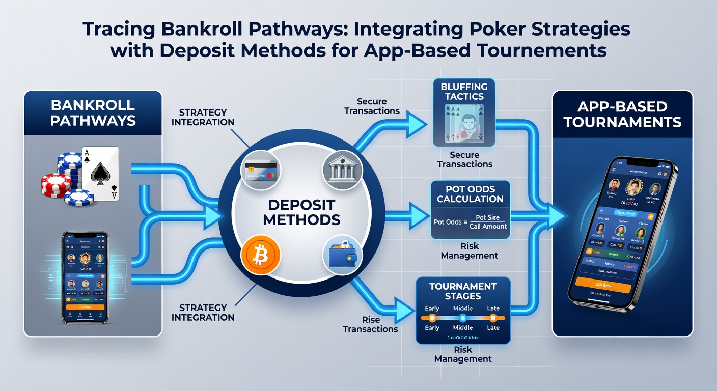 Mobile poker tournament screen displaying bankroll balance alongside various deposit method icons and strategy notes